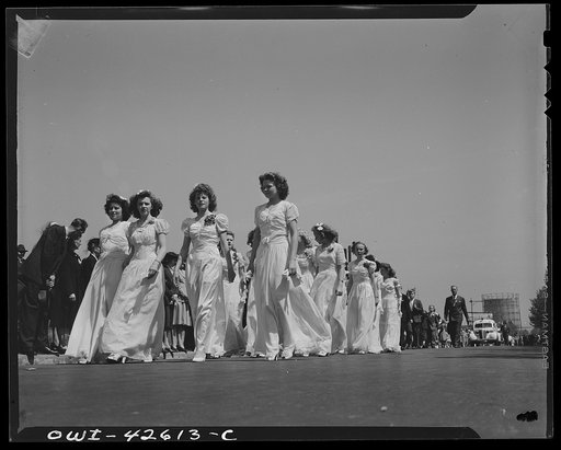 Brooklyn, New York. Norwegian Independence Day celebration. Norwegian-American parade. An unusual sight in a parade! Norwegian-American confirmants in their long white dresses