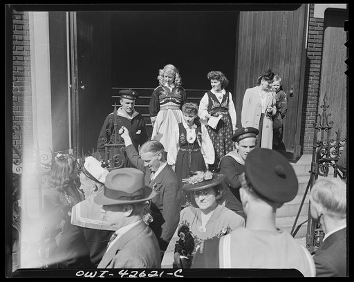Brooklyn, New York. Norwegian Independence Day celebration. Norwegian-American parade. Leaving the church