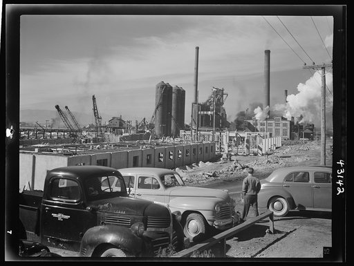Columbia Steel Company at Geneva, Utah. Steel and concrete go into place rapidly as a new steel mill takes form. The new plant will make important additions to the vast amount of steel needed for the war effort