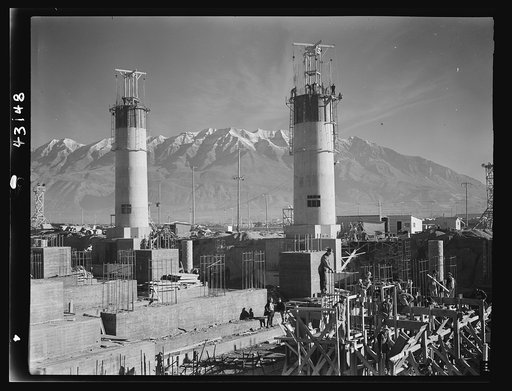 Columbia Steel Company at Geneva, Utah. Partly finished open hearth furnaces and stacks for a steel mill under construction which will soon be producing vitally needed steel