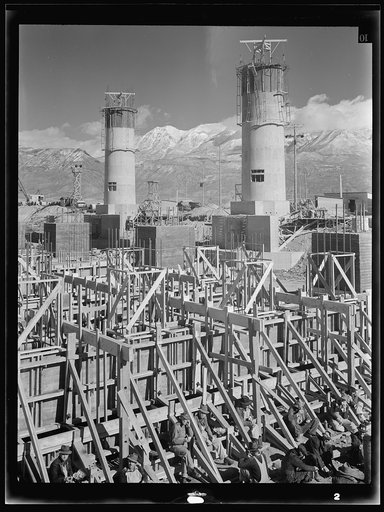 Columbia Steel Company at Geneva, Utah. Partly finished open hearth furnaces and stacks for a steel mill under construction which will soon be producing vitally needed steel