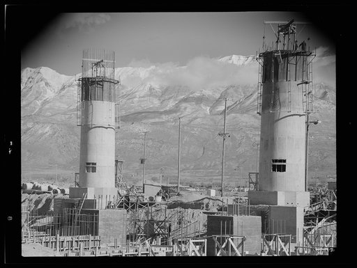 Untitled photo, possibly related to: Columbia Steel Company at Geneva, Utah. Partly finished open hearth furnaces and stacks for a steel mill under construction which will soon be producing vitally needed steel