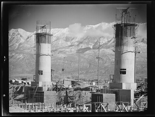 Untitled photo, possibly related to: Columbia Steel Company at Geneva, Utah. Partly finished open hearth furnaces and stacks for a steel mill under construction which will soon be producing vitally needed steel