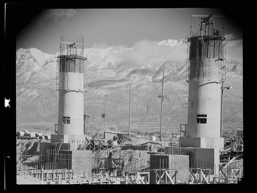 Untitled photo, possibly related to: Columbia Steel Company at Geneva, Utah. Partly finished open hearth furnaces and stacks for a steel mill under construction which will soon be producing vitally needed steel