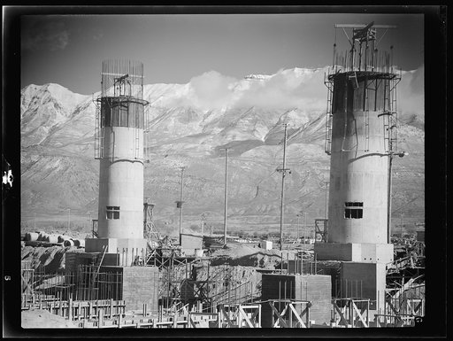 Untitled photo, possibly related to: Columbia Steel Company at Geneva, Utah. Partly finished open hearth furnaces and stacks for a steel mill under construction which will soon be producing vitally needed steel