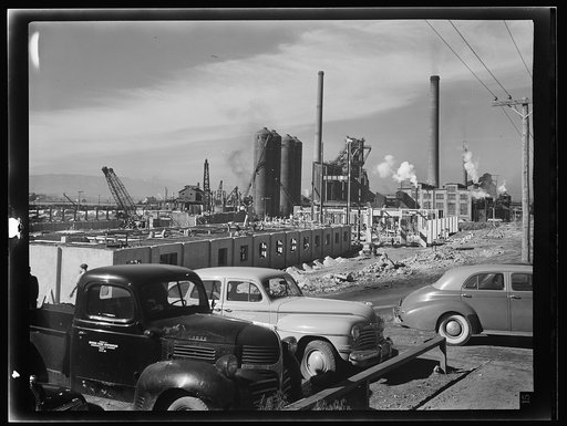 Untitled photo, possibly related to: Columbia Steel Company at Geneva, Utah. Steel and concrete go into place rapidly as a new steel mill takes form. The new plant will make important additions to the vast amount of steel needed for the war effort