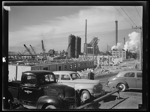 Untitled photo, possibly related to: Columbia Steel Company at Geneva, Utah. Steel and concrete go into place rapidly as a new steel mill takes form. The new plant will make important additions to the vast amount of steel needed for the war effort