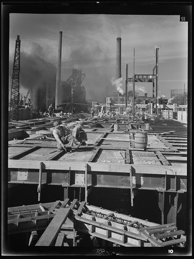 Untitled photo, possibly related to: Columbia Steel Company at Geneva, Utah. Steel and concrete go into place rapidly as a new steel mill takes form. The new plant will make important additions to the vast amount of steel needed for the war effort