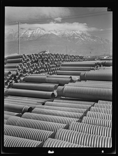Untitled photo, possibly related to: Columbia Steel Company at Geneva, Utah. Metal casings for concrete piles that will serve for a new steel mill under construction