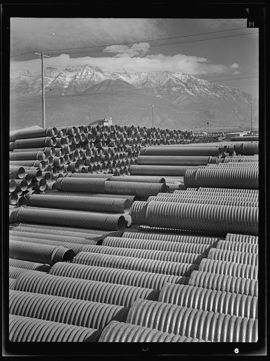 Untitled photo, possibly related to: Columbia Steel Company at Geneva, Utah. Metal casings for concrete piles that will serve for a new steel mill under construction