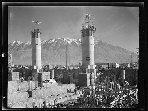 Untitled photo, possibly related to: Columbia Steel Company at Geneva, Utah. Partly finished open hearth furnaces and stacks for a steel mill under construction which will soon be producing vitally needed steel