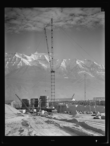 Untitled photo, possibly related to: Columbia Steel Company at Geneva, Utah. Partly finished open hearth furnaces and stacks for a steel mill under construction which will soon be producing vitally needed steel
