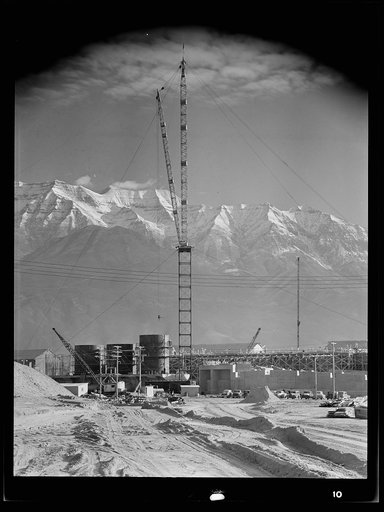 Untitled photo, possibly related to: Columbia Steel Company at Geneva, Utah. Partly finished open hearth furnaces and stacks for a steel mill under construction which will soon be producing vitally needed steel