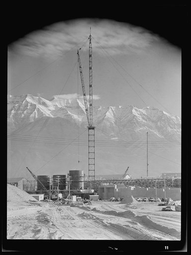 Untitled photo, possibly related to: Columbia Steel Company at Geneva, Utah. Partly finished open hearth furnaces and stacks for a steel mill under construction which will soon be producing vitally needed steel