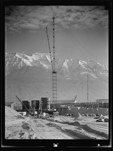 Untitled photo, possibly related to: Columbia Steel Company at Geneva, Utah. Partly finished open hearth furnaces and stacks for a steel mill under construction which will soon be producing vitally needed steel