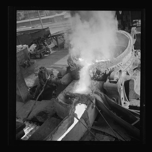 Untitled photo, possibly related to: Columbia Steel Company at Ironton, Utah. Pouring a heat of iron