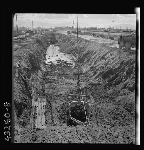 Untitled photo, possibly related to: Columbia Steel Company at Geneva, Utah. Drag lines are working day and night excavating for the building of open hearth furnaces for a new steel mill which will make important additions to the vast amount of steel needed for the war effort