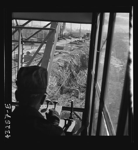 Untitled photo, possibly related to: Columbia Steel Company at Geneva, Utah. Drag lines are working day and night excavating for the building of open hearth furnaces for a new steel mill which will make important additions to the vast amount of steel needed for the war effort