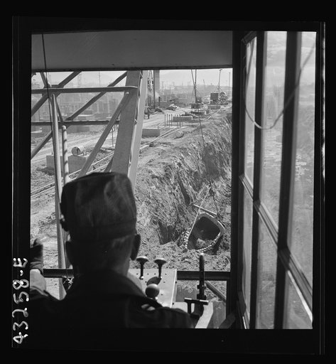 Columbia Steel Company at Geneva, Utah. Drag lines are working day and night excavating for the building of open hearth furnaces for a new steel mill which will make important additions to the vast amount of steel needed for the war effort
