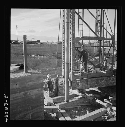 Untitled photo, possibly related to: Columbia Steel Company at Geneva, Utah. Metal casings for concrete piles that will serve as foundations for a new steel mill