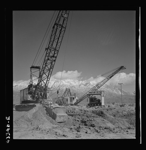 Columbia Steel Company at Geneva, Utah. Drag lines are working day and night excavating for the building of open hearth furnaces for a new steel mill which will make important additions to the vast amount of steel needed for the war effort