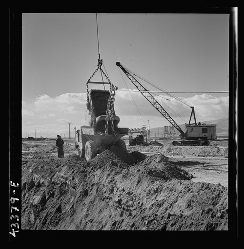 Untitled photo, possibly related to: Columbia Steel Company at Geneva, Utah. Draglines are working day and night excavating for the building of open hearth furnaces for a new steel mill which will make important additions to the vast amount of steel needed for the war effort