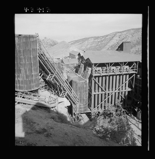 Untitled photo, possibly related to: New Idria, California. A view of the mercury extraction plant of the Quicksilver Mining Company where mercury is obtained from cinnabar, an ore mined at a number of workings near the plant