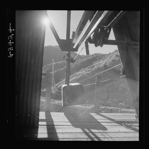 Untitled photo, possibly related to: New Idria, California. Aerial tramway which carries cinnabar ore from mines to the New Idria Quicksilver Mining Company's mercury extraction plant close by
