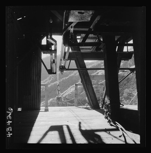 Untitled photo, possibly related to: New Idria, California. Aerial tramway which carries cinnabar ore from mines to the New Idria Quicksilver Mining Company's mercury extraction plant close by