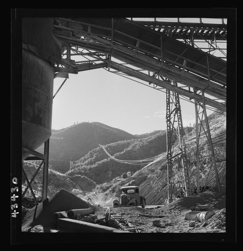 Untitled photo, possibly related to: New Idria, California. Aerial tramway which carries cinnabar ore from mines to the New Idria Quicksilver Mining Company's mercury extraction plant close by