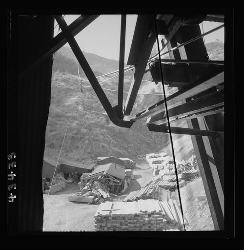 Untitled photo, possibly related to: New Idria, California. An aerial tramway which carries cinnabar ore from mines to the New Idria Quicksilver Mining Company's mercury extraction plant close by