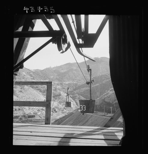 Untitled photo, possibly related to: New Idria, California. An aerial tramway which carries cinnabar ore from mines to the New Idria Quicksilver Mining Company's mercury extraction plant close by