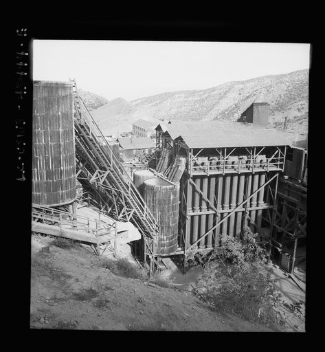 Untitled photo, possibly related to: New Idria, California. A view of the mercury extraction plant of the Quicksilver Mining Company where mercury is obtained from cinnabar, an ore mined at a number of workings near the plant