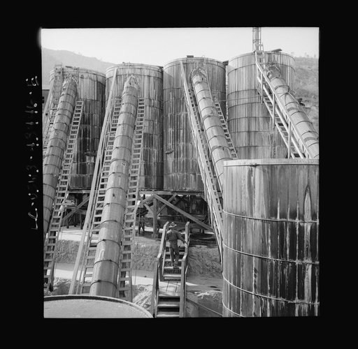 Untitled photo, possibly related to: New Idria, California. A mercury extraction plant of the New Idria Quicksilver Mining Company, where mercury is produced from cinnabar, an ore mined at a number of workings near the plant