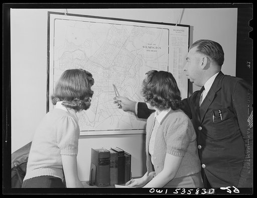 Wilmington, Delaware. Tower Hill School, noted country day school for pupils from three to eighteen years of age. Two high school girls, studying the map of Wilmington, Delaware