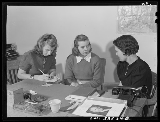 Wilmington, Delaware. Tower Hill School, noted country day school for pupils from three to eighteen years of age. Two high school girls interviewing an instructor(?)