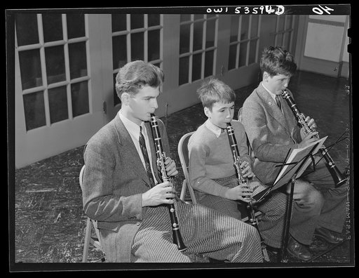 Wilmington, Delaware. Tower Hill School, noted country day school for pupils from three to eighteen years of age. Three boys of the school band playing clarinets