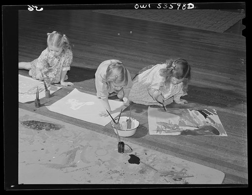 Wilmington, Delaware. Tower Hill School, noted country day school for pupils from three to eighteen years of age. Three girls on the floor painting