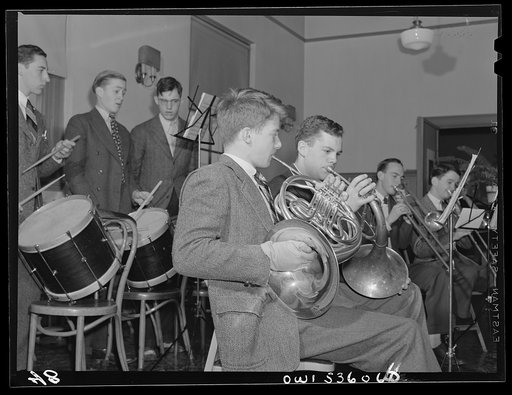 Wilmington, Delaware. Tower Hill School, noted country day school for pupils from three to eighteen years of age. Boys of the school band rehearsing