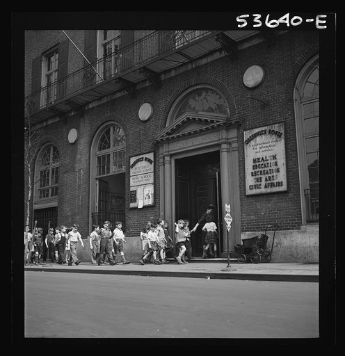 New York, New York. Children of working mothers, who receive day care at the Greenwich House on Saturdays and after school hours, returning to this community center after a trip to the zoo or some other place of interest. A marked sense of group responsibility is manifest as they go through New York