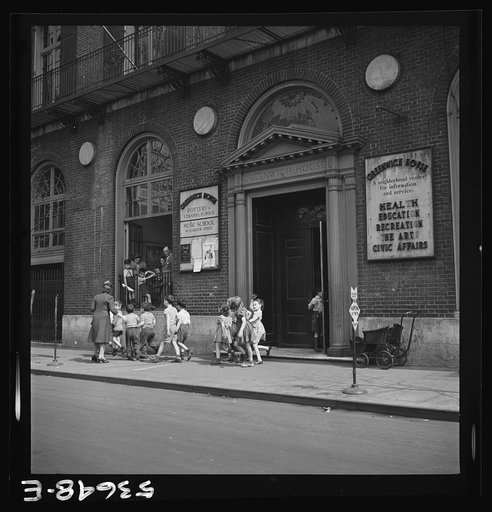 New York, New York. Part of sixty-five children enrolled in the nursery school program of Greenwich House leaving with a teacher to visit some place of interest, possibly the zoo