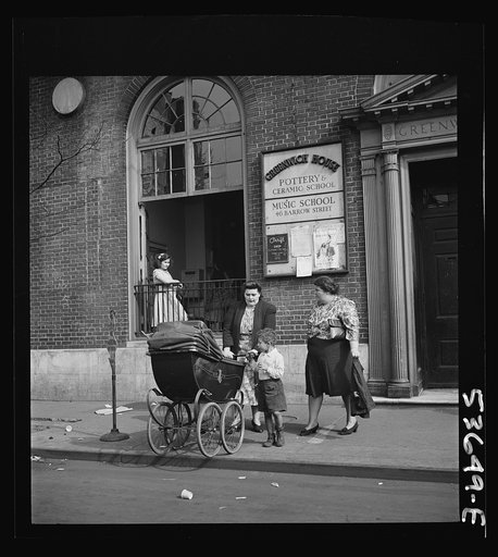 New York, New York. Two working mothers calling for children at Greenwich House, a neighborhood center, where they have left them early in the morning for day care