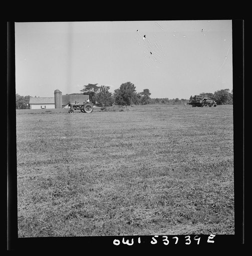 Untitled photo, possibly related to: Dresher, Pennsylvania. Raking hay into rows prior to being picked up by baler at the Spring Run Farm