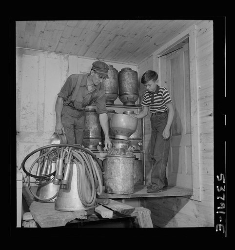 East Montpelier, Vermont. Charles Ormsbee and his son Conrad, age eleven, in the milk house on their farm. Mr. Ormsbee, with the assistance of the Washington County [Extension Agricultural] agent Gordon Loveless, has signed up with the Food for Freedom program and agreed to increase his Jersey herd 