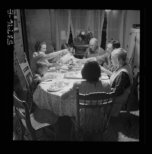 East Montpelier, Vermont. The Charles Ormsbee family and his widowed mother, Mrs. [Myrtie] Ormsbee, at dinner