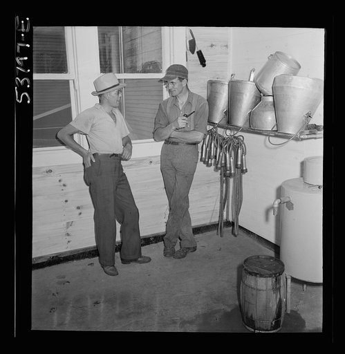 Untitled negative showing Washington County Extension Agricultural agent Gordon Loveless and Charles Ormsbee in the milk room, East Montpelier, Vermont