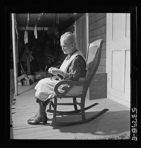 East Montpelier, Vermont. Mrs. [Myrtie] Ormsbee, widowed mother of farmer Charles Ormsbee, knitting sweaters for the Red Cross