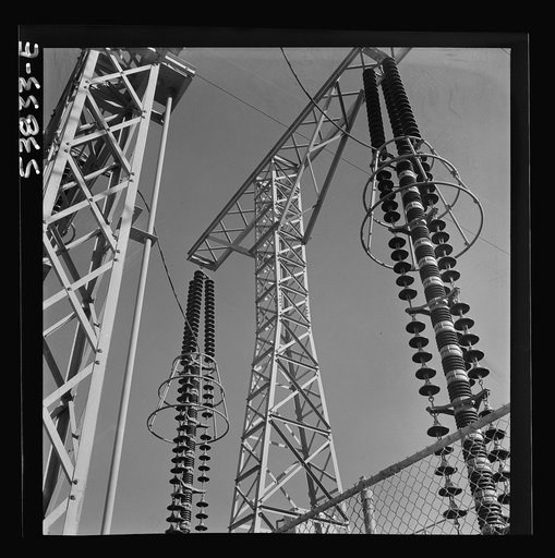 Las Vegas, Nevada. Transmission towers and transformers redistributing power from Boulder Dam to Basic Magnesium Incorporated, which produces huge quantities of the lightest of all metals for aircraft and other wartime manufacturing