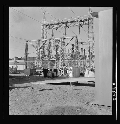 Las Vegas, Nevada. Transmission towers and transformers redistributing power from Boulder Dam to Basic Magnesium Incorporated, which produces huge quantities of the lightest of all metals for aircraft and other wartime manufacturing
