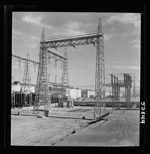 Las Vegas, Nevada. Transmission towers and transformers redistributing power from Boulder Dam to Basic Magnesium Incorporated, which produces huge quantities of the lightest of all metals for aircraft and other wartime manufacturing